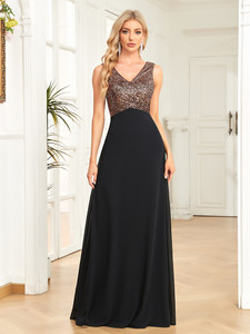 Elegant Women's Black A-Line Sequin Maxi Dress 