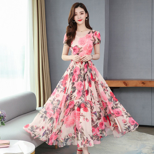 2021 Elegant Pink Floral Chiffon Midi Dresses Spring Summer 4XL Plus Size Vintage Runway Maxi Dress
