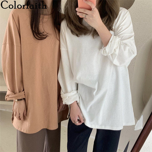 Colorfaith New 2021 Women Spring Summer T-Shirts Oversize Solid Bottoming Long Sleeve Wild Korean