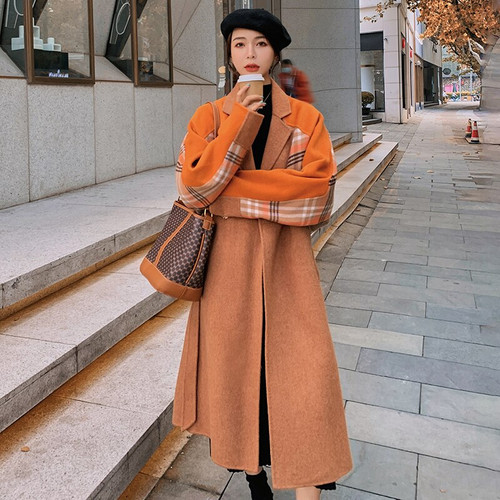 Coat Female Winter 2021 New Wool Plaid Stitching Retro Woolen Long Thicken Warm Loose Lapel  Fashion
