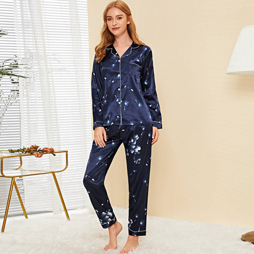 Dandelion Print Satin Pajama Set