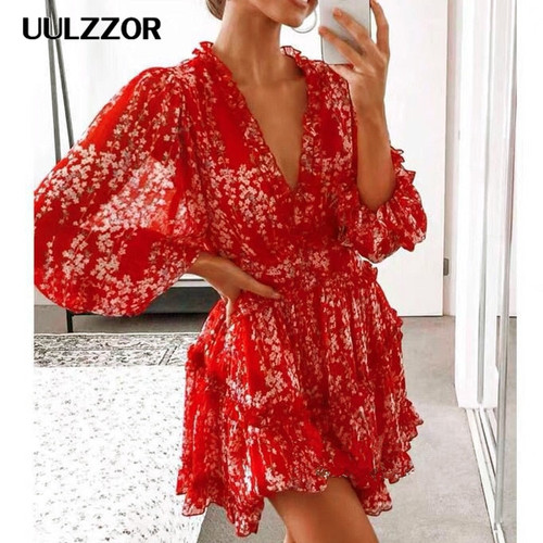 Floral Printed Mini Dress Women Sexy Backless Elegant Ladies Long Sleeve Ruffle Prom Party Summer