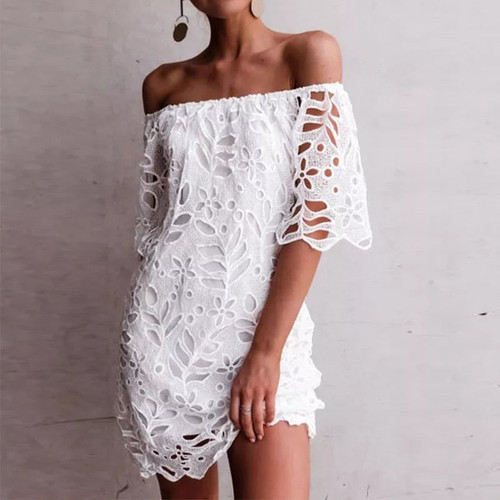 ZANZEA Fashion Summer Lace Crochet Dress Women Off Shoulder Short Sleeve Party White Sundress Sexy