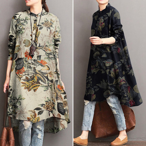 2021 ZANZEA Autumn Women's Floral Blouses Elegant Shirt Vestidos Casual Long Sleeve Long Tops Female