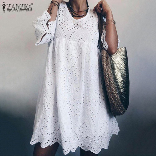 ZANZEA 2021 Bohemain Lace Dress Women's Summer Sundress Fashion Flare Sleeve Knee Length Vestidos