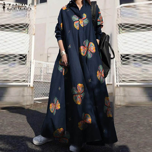 ZANZEA 2021 Women's Printed Sundress Kaftan Spring Maxi Dress Casual Long Sleeve Shirt Vestidos