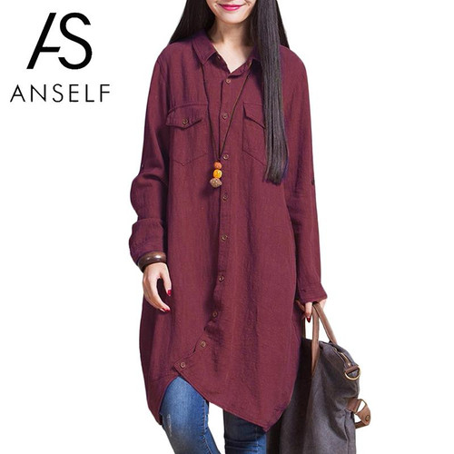 Anself Plus Size 4XL 5XL Women Cotton Linen Blouse Oversized Shirt Casual Long Sleeve Long Vintage