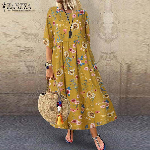 Vintage Printed Maxi Dress Women's Summer Sundress ZANZEA 2021 Casual Tunic Vestidos Female Half