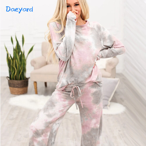 Daeyard Women 2021 Spring Pajama Set Sports Suit Casual Tie-dye Sweater Lazy Homewear Long Sleeve