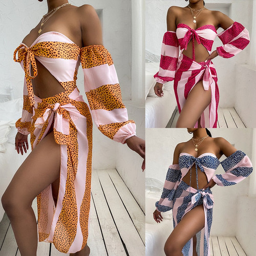 2021 New 2PCS/SET sexy women striped long sleeve off shoulder one piece swimsuit+wrap skirts cover