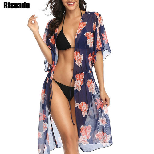 Riseado New 2021 Long Beach Dress Floral Printed Cover Ups Boho Swimwear Women Sexy Mesh Pareo