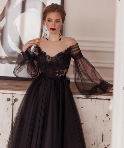Black Princess Lace Appliques Evening Dress