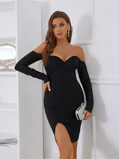 Elegant Mini Bandage Dress For Women Sexy Off The Shoulder Bodycon Dresses 2022 Autumn Long Sleeve Club Party Bandage Outfits