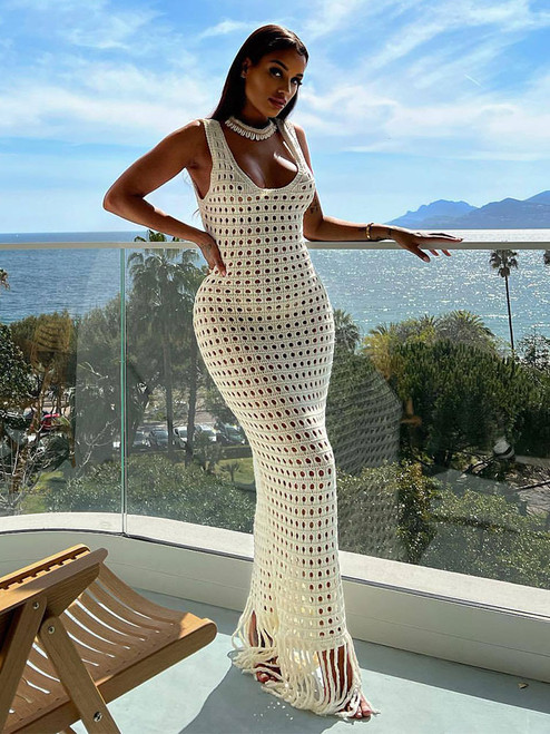 White Crochet U-Neck Backless Bikinis Cover-ups 