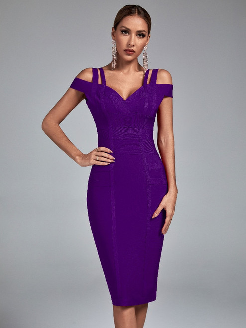 Midi Bandage Dress Women Purple Bodycon Dress 