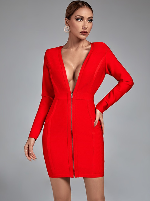 Long Sleeve Bandage Dress Women Red Bodycon Dress 