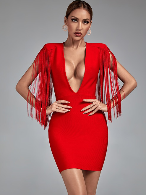 Tassel Bandage Dress Women Red Bodycon Dress 