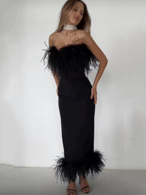  Strapless Backless Black Feather Midi Bodycon Bandage Dress 