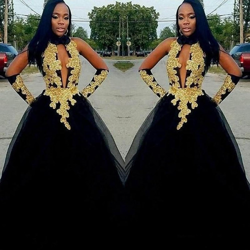 Black High Neck African Evening Dresses Gold Lace Appliques 