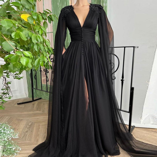 Black Chiffon Floor length Dress V-neck Applique High Waist Party Dress 