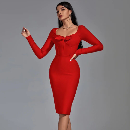  Long Sleeve Bow Split Evening Club Party Red Midi Dresses 