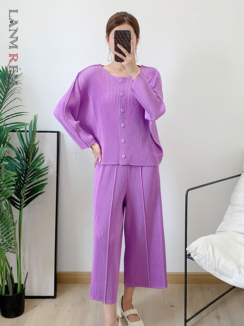  O-neck Long Sleeve Single Breasted Shirts Wide Leg Trousers 