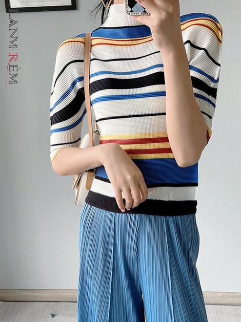 Striped Print Pleated T-shirt For Women Contrast Color Turtleneck Slim 
