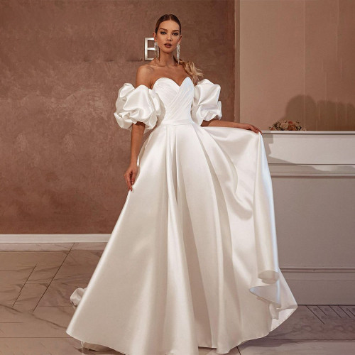 Elegant Wedding Dress Sweetheart Pleat Removable Sleeve Satin 