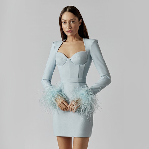  Feather Long Sleeve Tight Hip Club Evening Party  Dress
