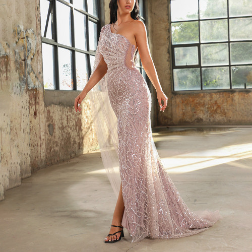 One Shoulder Applique Beaded Evening Dress Mermaid Backless Tulle Sheer High Slit Sleeveless Sequin Sweeping Train