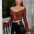 Brown Long Sleeve Lace Up Cropped Top 