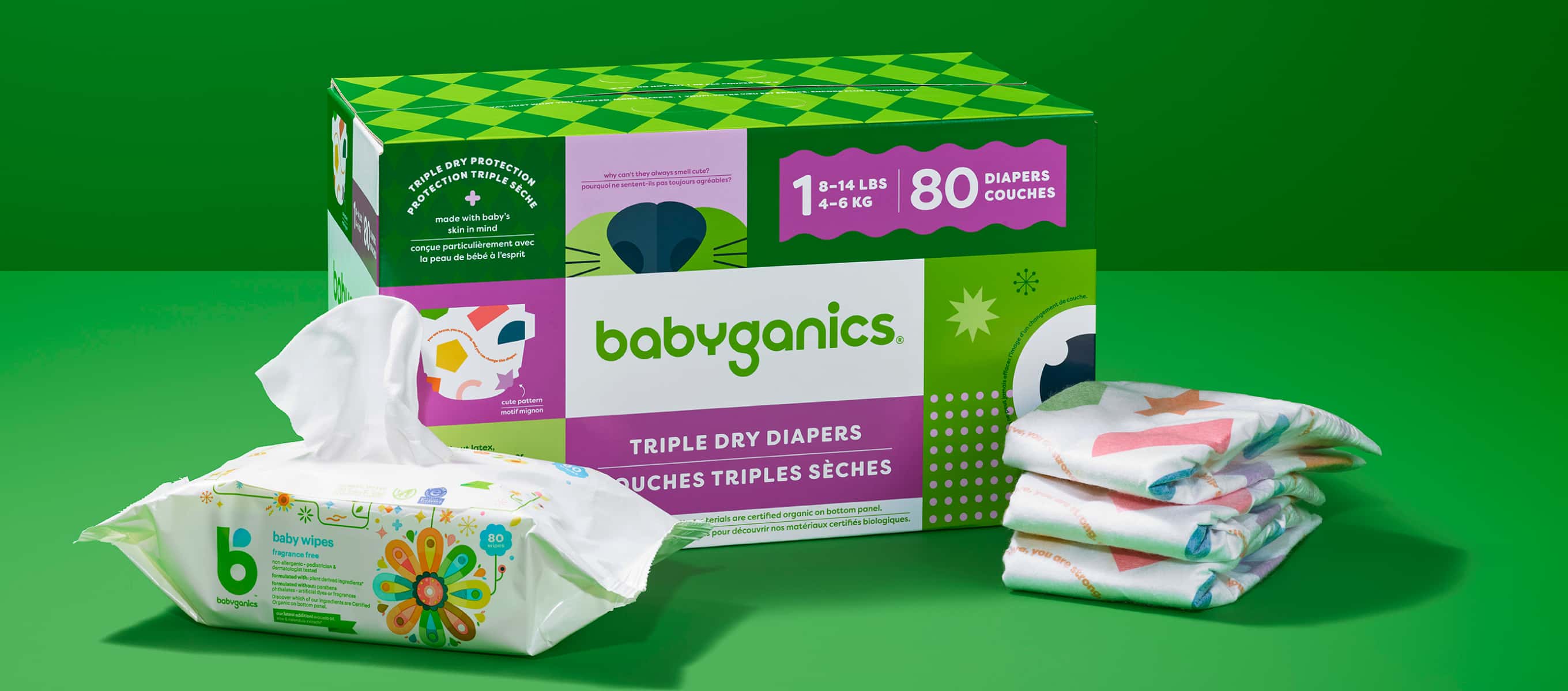 Babyganics wipe box, wipe pack and diapers.
