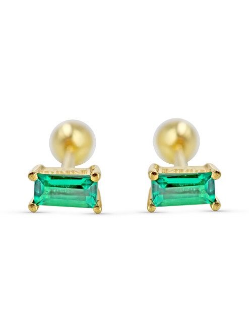 Solid 14k Baguette Lab Emerald Birthstone Studs