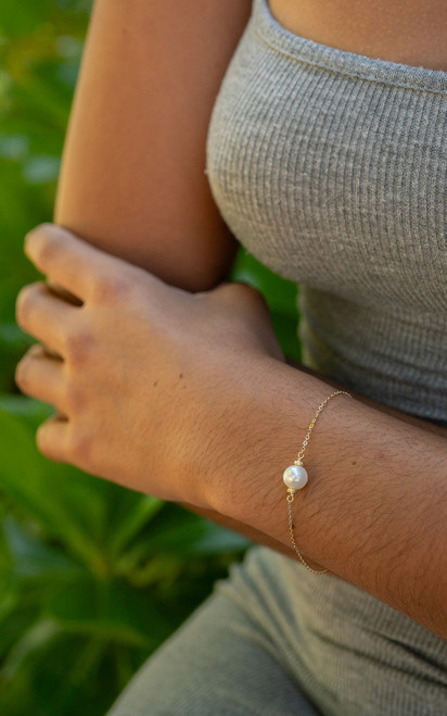 Solid 14k Single Fixed Round Pearl Bracelet