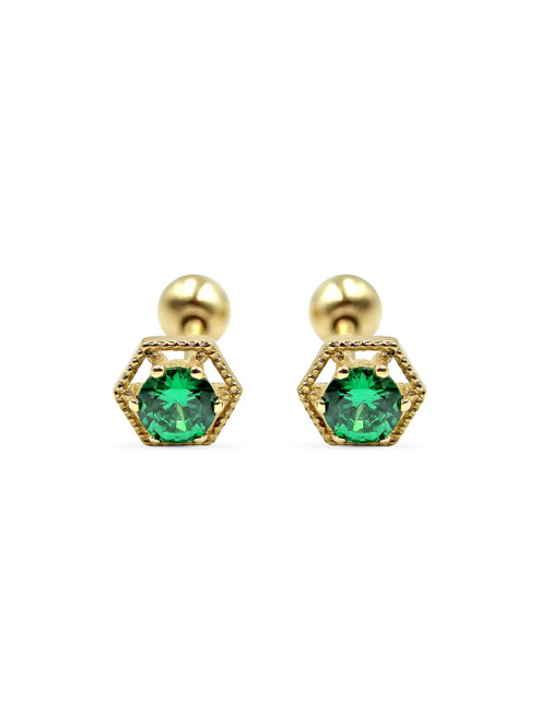 Solid 14k Lab Emerald Hexagon Birthstone Studs