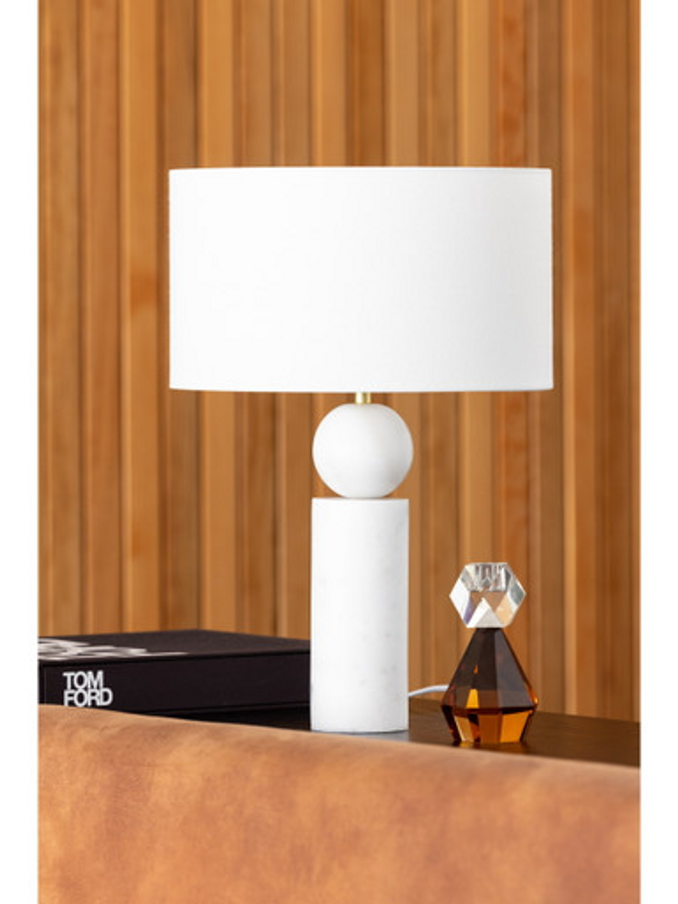 Alabaster table lamp with white shade