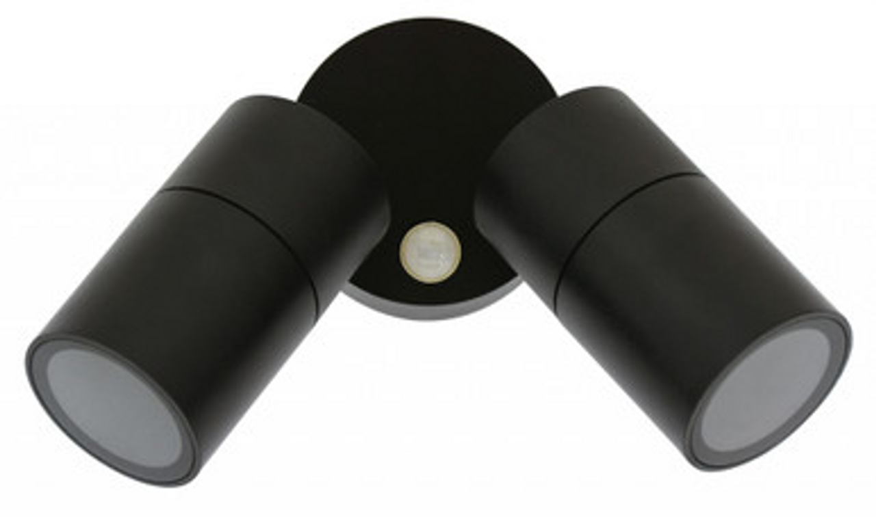 Black two-pan spotlight with sensor and IP65 rating