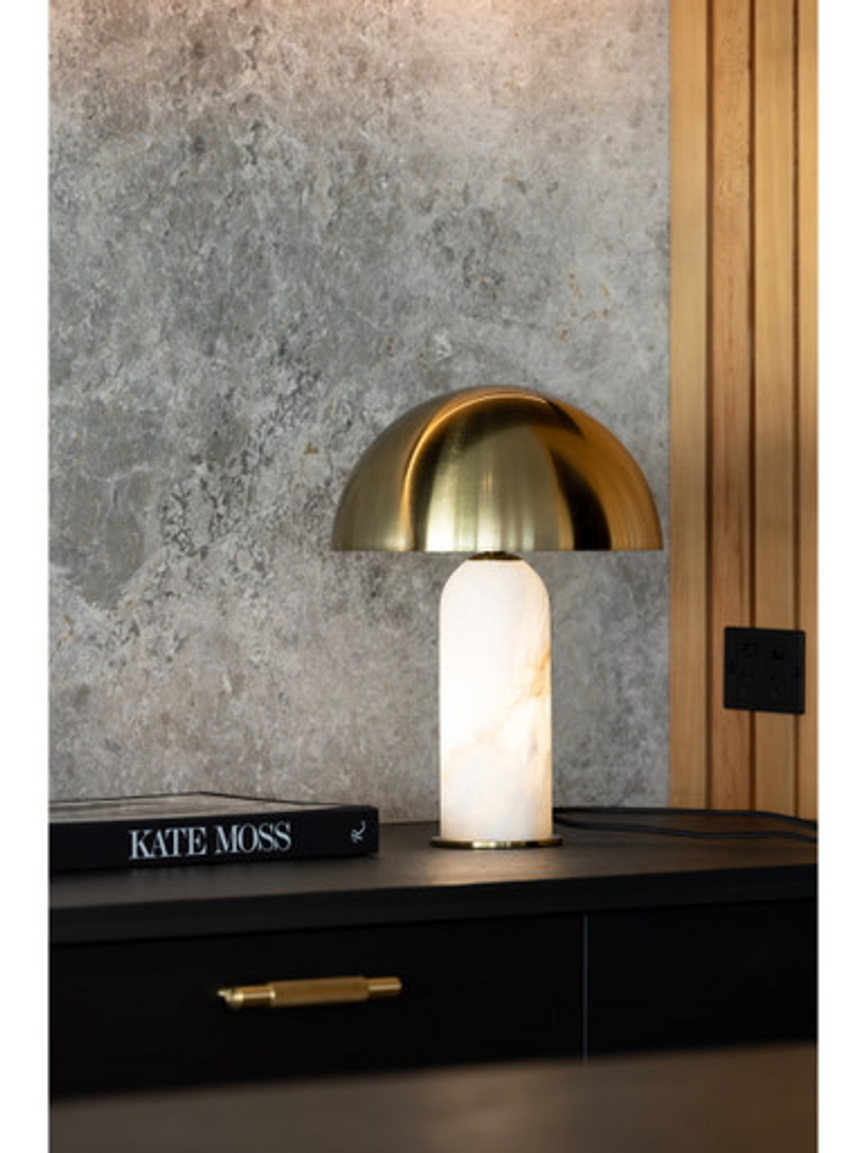 Alabaster table lamp with brass trim