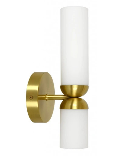 Brass wall light with two sized opal glass