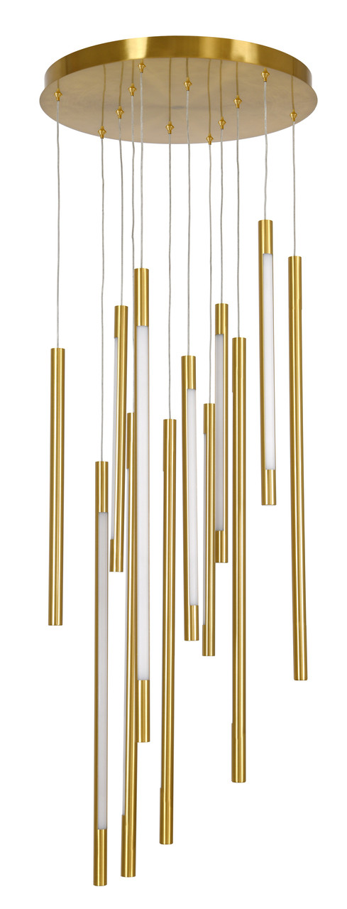 Brass twelve-light linear rod LED pendant
