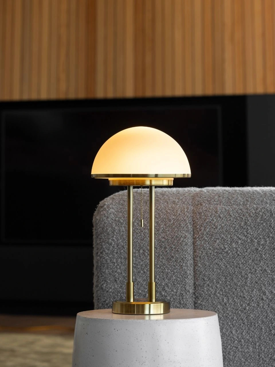 Brass table lamp with opal glass & pull cords