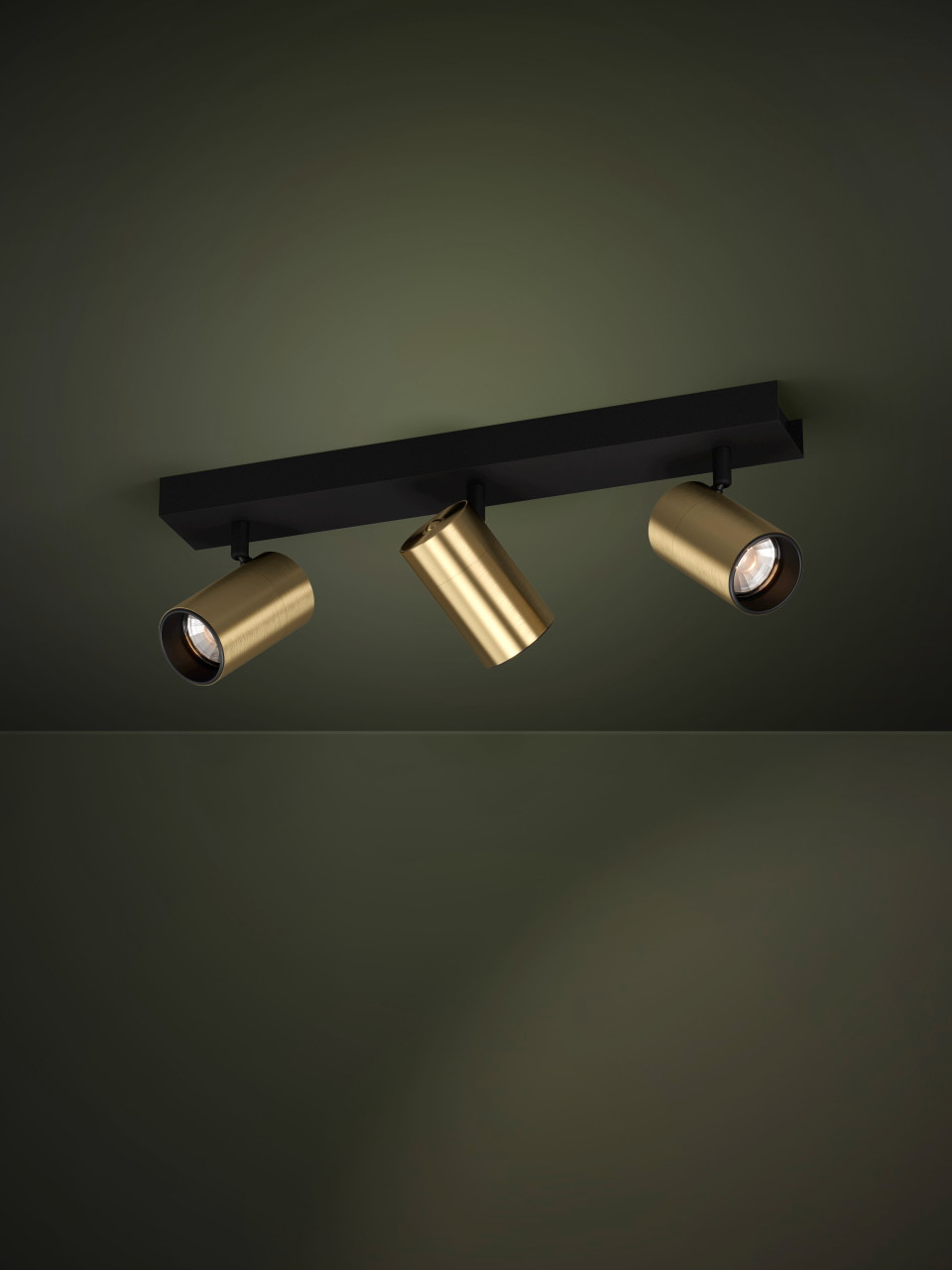 Black and brass three-light spotlight