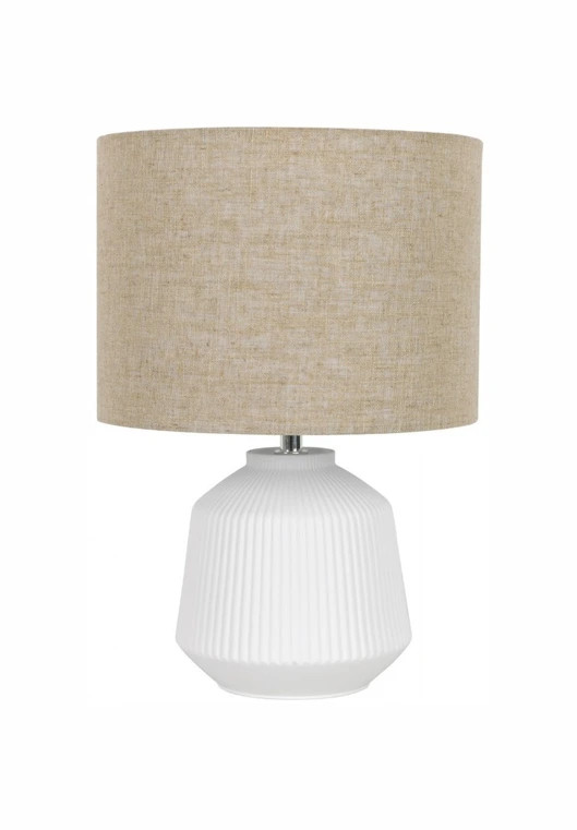 White base table lamp with oatmeal shade