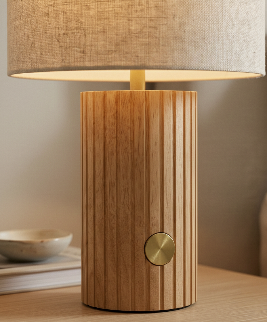 Teak table lamp with natural shade