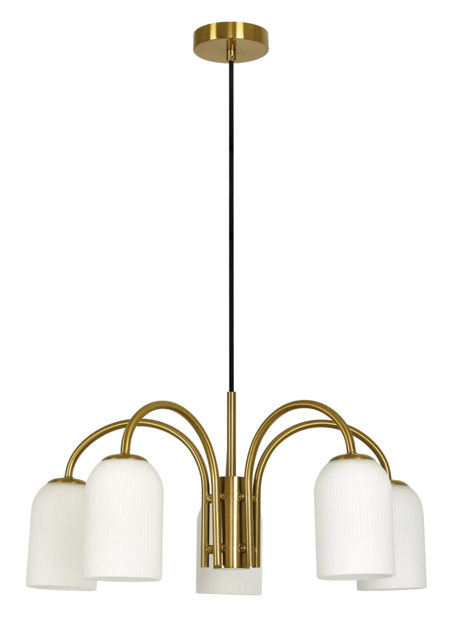 Brass five-light CTC pendant with opal ribbed glass