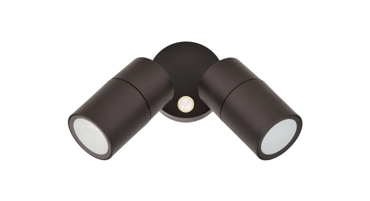 Two-pan outdoor wall light with sensor in bronze