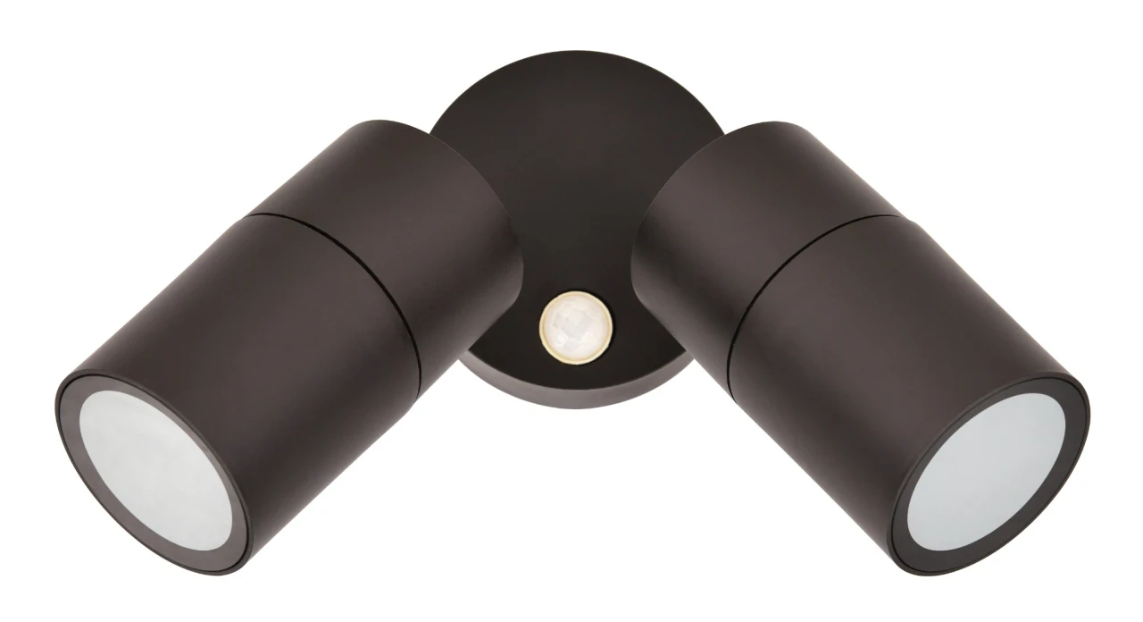 Two-pan outdoor wall light with sensor in bronze