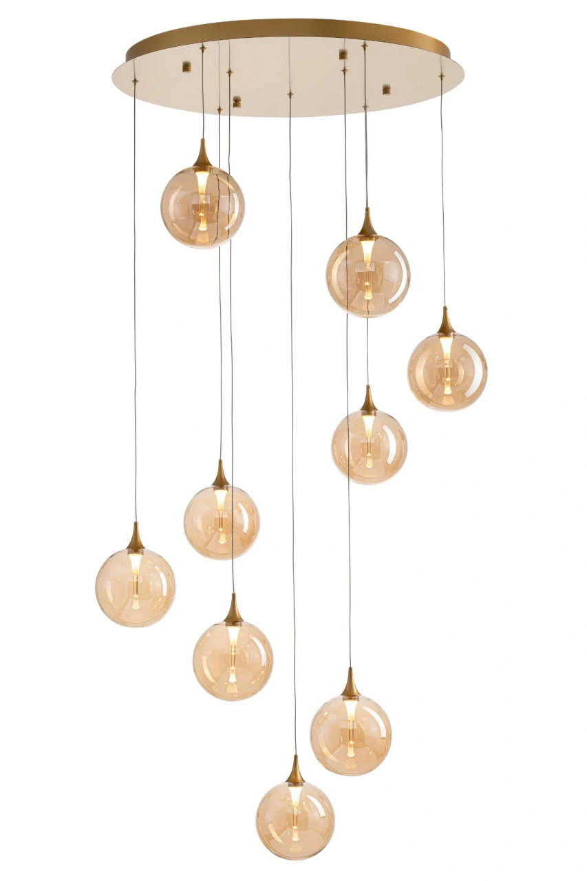 Brass nine light pendant with amber glass