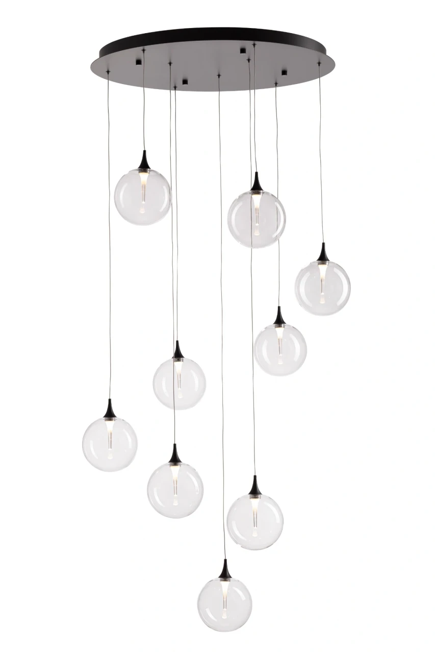Black nine light pendant with clear glass