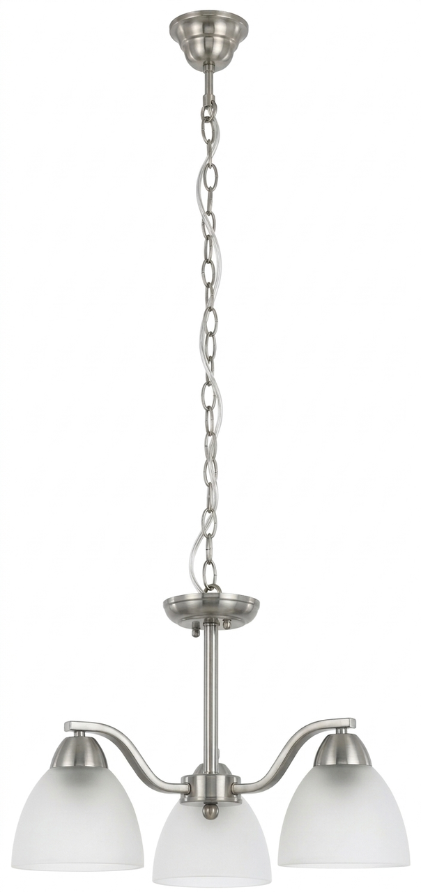 Chrome three light pendant paired with satin glass